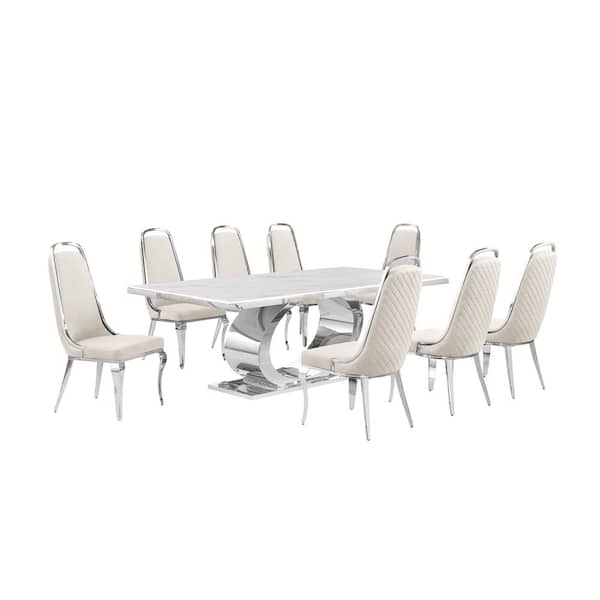 Best Quality Furniture Ibraim 9-Piece Rectangle White Marble Top with Stainless Steel Base Dining Set with 8 Cream Velvet Chrome Iron Chair