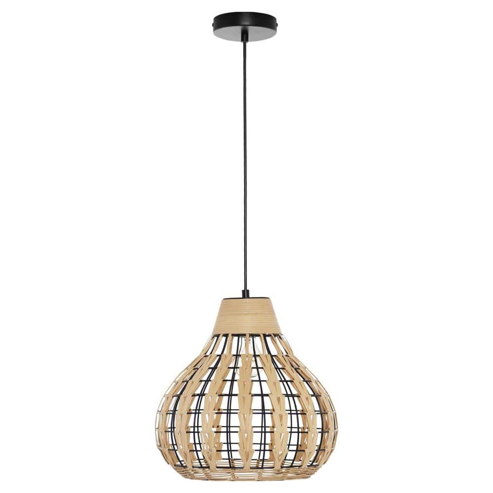 Everett 63" Black Metal Pendant Light with Globe-Shaped Rattan Shade