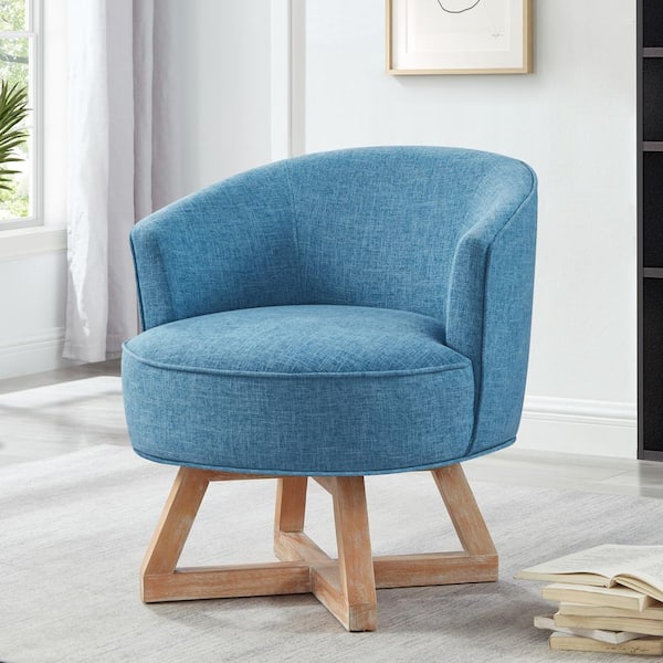 Horsan Light Blue Upholstered Linen 360° Swivel Arm Chair, Rubberwood Cross-Shape Legs