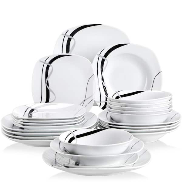 VEWEET Fiona 24-Piece Casual Ivory White with Black Stripes Porcelain Dinnerware Set (Service for 6)