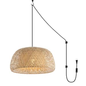 Mateo 18 in. 1-Light Farmhouse Coastal Bamboo 180 in. Cord Plug-In or Hardwired LED Pendant, Brown