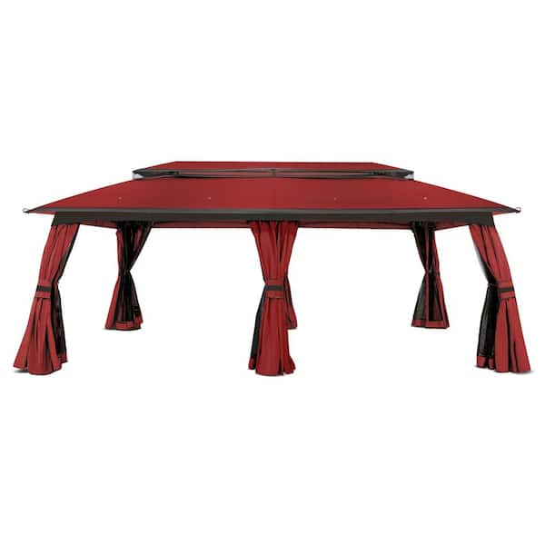 Gardenbee 20 ft. x 10 ft. Outdoor Patio Double Vented Roof Gazebo with Red Curtains and Mosquito Netting