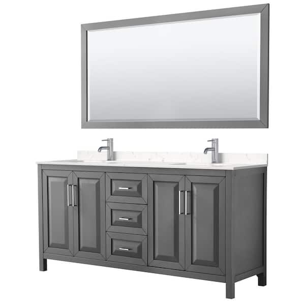 Wyndham Collection Daria 72in.x22in. Double Vanity in Dark Gray w/ Cultured Marble Vanity Top in Light Vein Carrara w/ Basins and Mirror