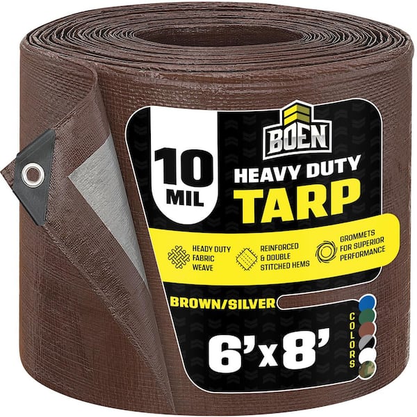 BOEN 6 ft. x 8 ft. Heavy-Duty Commercial Brown/Silver Tarp Cover 10 Mil Thick Weave Material, Waterproof