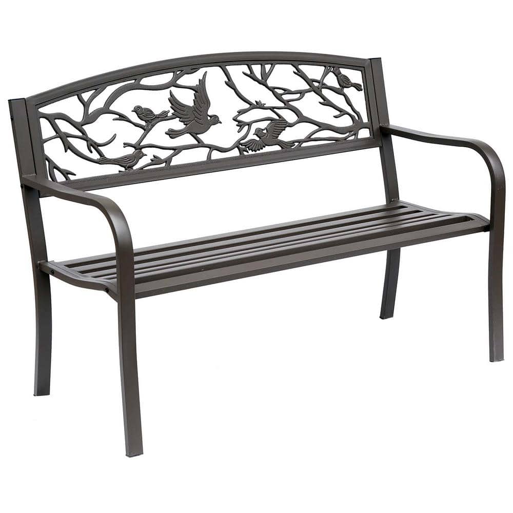 Brown 50 in. 2-Person Metal Outdoor Garden Bench Patio Garden Bench with An
