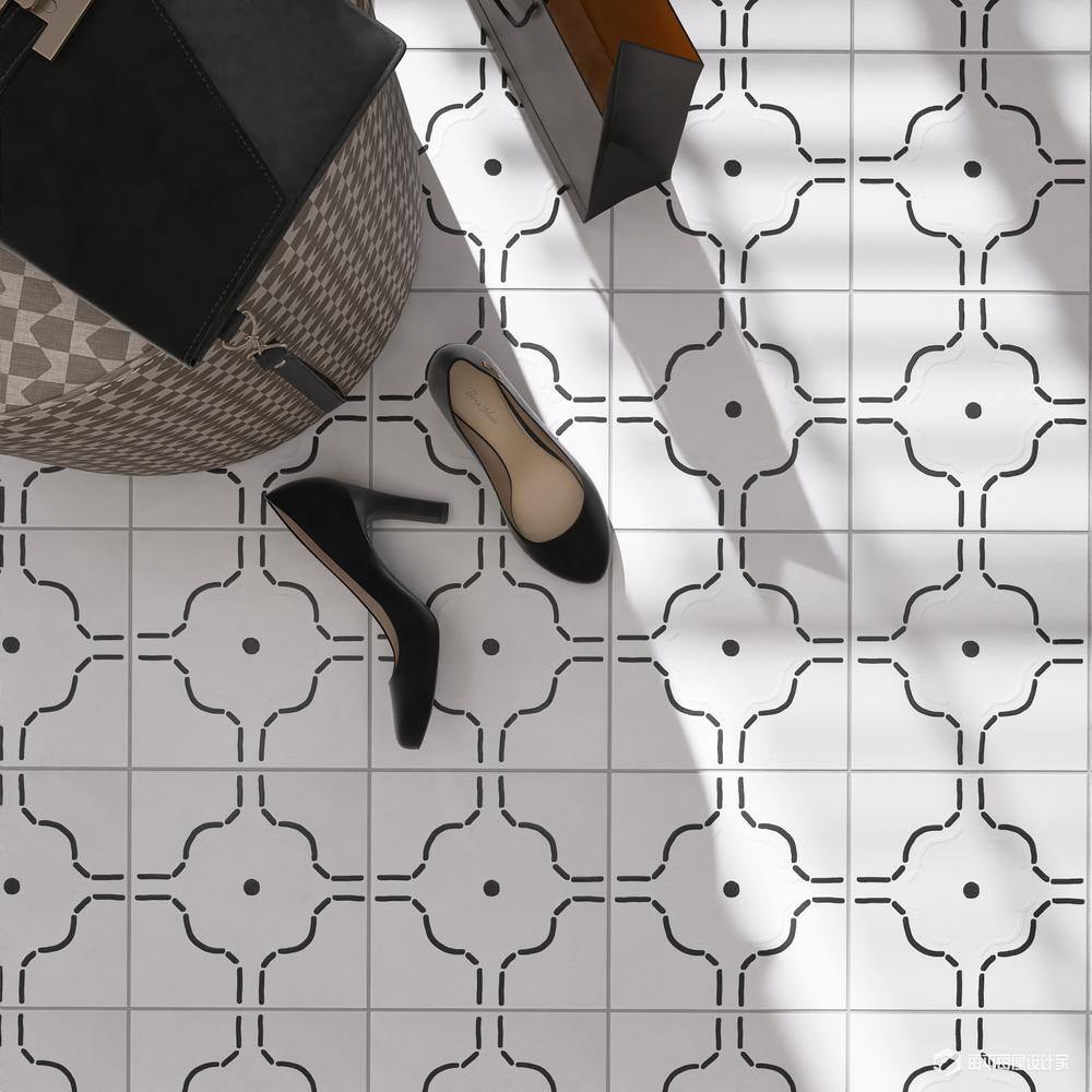 Kenzo 8" x 8" White and Black Porcelain Patterned Tile