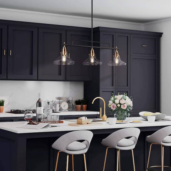 Tencanonia Modern 3-light Black and Brass Island Lamp with Seeded Glass Shade, 33.5 in. Pendant Light for Dining Room