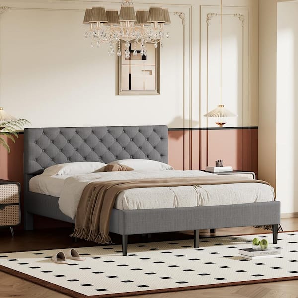 Polibi Gray Wood Frame Queen Size Platform Bed with Linen Upholstered