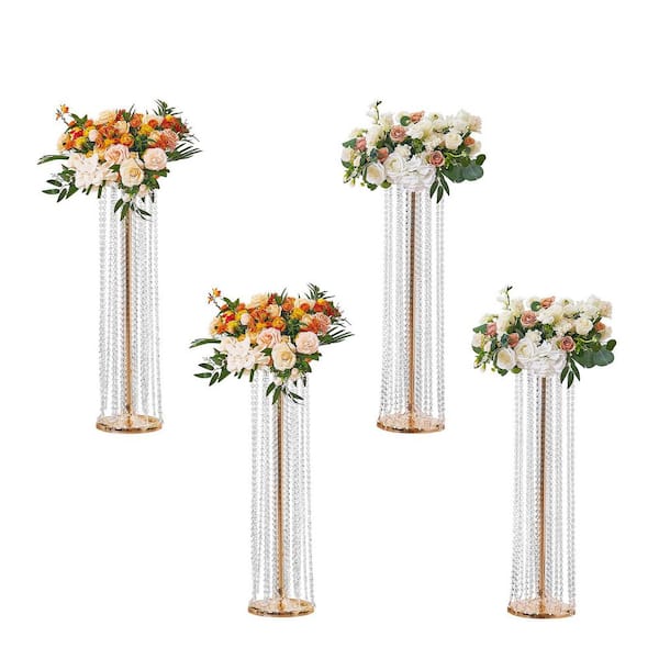 SKYSHALO 4-Pieces 35.43 in. Tall Crystal Wedding Flowers Stand Centerpieces Flower Vases for T-Stage Wedding Gold Metal Round