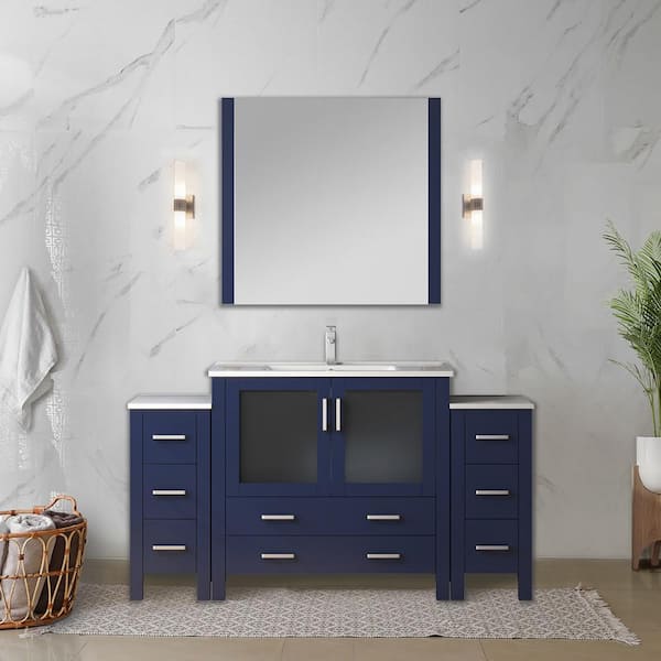 Lexora Volez 60 in. W x 18 in. D x 34 in. H Single Sink Bath Vanity in Navy Blue with White Ceramic Top and Mirror