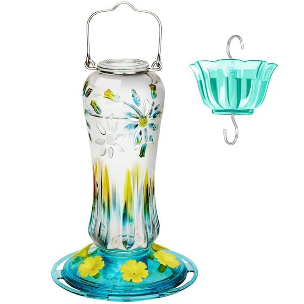 Phewnyzo Leak Proof Turquoise Glass Bee Guard Hanging Hummingbird Nectar Feeder-25 Ounces with Ant Moat1-Pack