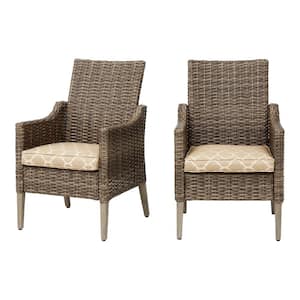 Rock Cliff Brown Wicker Outdoor Patio Stationary Dining Chair with CushionGuard Toffee Trellis Tan Cushions (2-Pack)