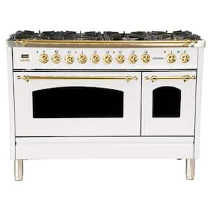 48 in. 5.0 cu. ft. Double Oven Dual Fuel Italian Range with True Convection, 7 Burners, Griddle, Brass Trim in White
