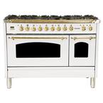 48 in. 5.0 cu. ft. Double Oven Dual Fuel Italian Range True Convection, 7 Burners, Griddle, LP Gas, Brass Trim in White