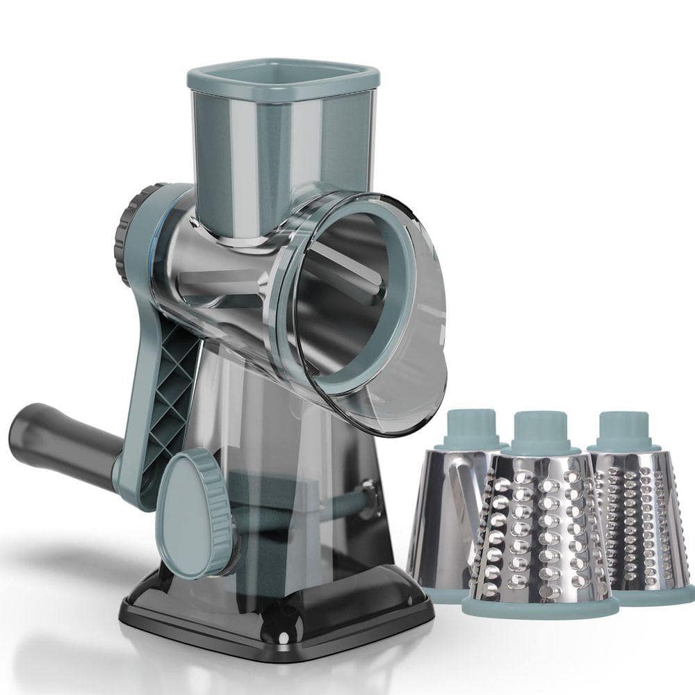 JFVKAF Stainless Steel Rotary Cheese Grater with 3 Interchangeable Blades, Non-slip Suction Base, Clear Container SA1129E402