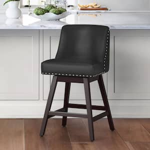 26 in. Black Solid Wood 360 Free Swivel Upholstered Counter Bar Stool with Back, Performance Faux Leather Bar Stool