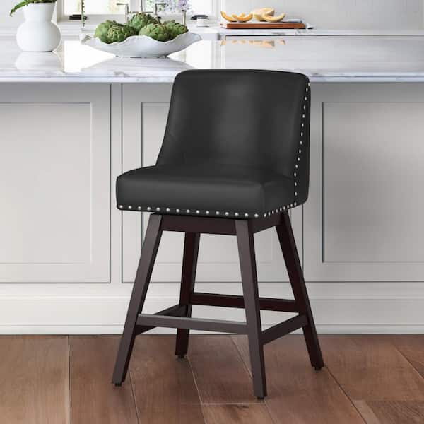 OrangeOne 26 in. Black Solid Wood 360 Free Swivel Upholstered Counter Bar Stool with Back, Performance Faux Leather Bar Stool