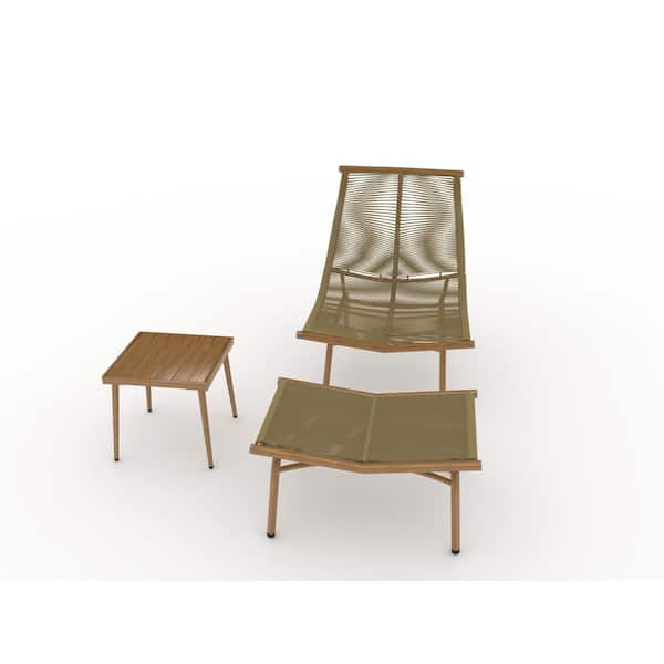 Unbranded 3-Pieces Wood Outdoor Chaise Lounge Chair with Beige Cushion and Table for Camping Lunch Break Garden Party Sunbathing