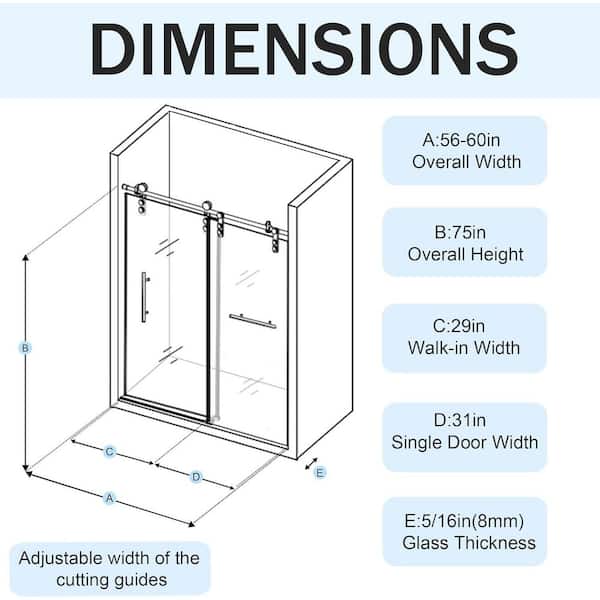 56-60 in.W x 76 in.H Sliding Frameless Glass Shower Door, with Handle and Seal Strip, Stylish and Modern, Sliver