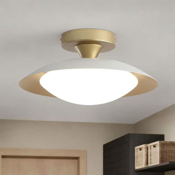 2 Pack 11.8 in. 1-Light Gold Industrial LED Semi-Flush Mount with White Metal Dome Shade and No Bulb Included