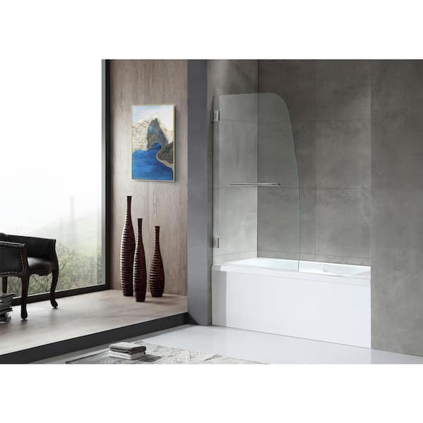 GRAND Series 31.5 in. x 58 in. Frameless Hinged Tub Door in Brushed Nickel with Towel Bar Handle