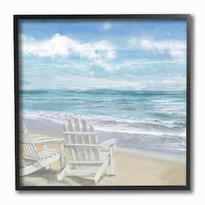 12 in. x 12 in. "White Adirondack Chairs on the Beach Painting" by Artist Main Line Art and Design Framed Wall Art