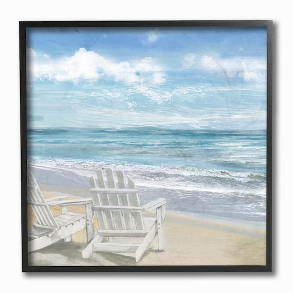 Stupell Industries 12 in. x 12 in. "White Adirondack Chairs on the Beach Painting" by Artist Main Line Art and Design Framed Wall Art