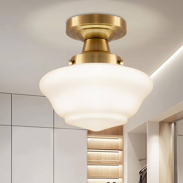 YANSUN 9 in. Rustic Farmhouse Schoolhouse Ceiling Light, Brass Finish with Frosted Glass Shade for Kitchen, Hallway, Bathroom