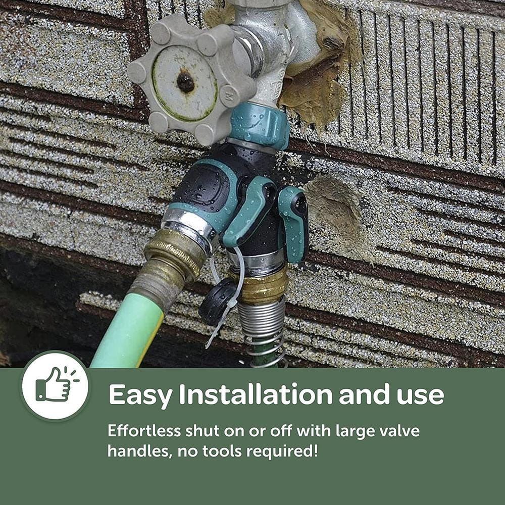 Green Metal Body 2-Way Garden Hose Splitter with Shut Off Valve