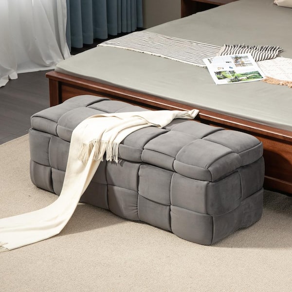 HOMEFUN Modern Long Entryway Grey Velvet Bench with Storage Dining Table 2 Seating Upholstered End of Bed Bench Bedroom Bench
