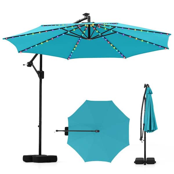 10 ft. Solar Offset Hanging Tilt Cantilever Patio Umbrella with Base in Turquoise