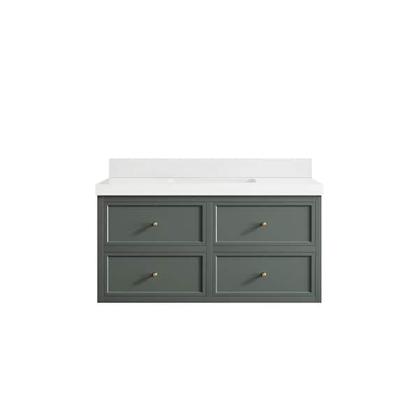Willow Collections Roswell Floating 42 in. Single Sink Freestanding Pewter Green Bath Vanity with White Qt. Top Unassembled