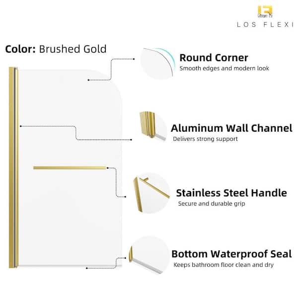 31 in. W x 55 in. H Pivot Half Shower Door for Bathtub Frameless, Tempered Glass 1/4 in. Thick, Brushed Gold Finish