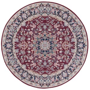 Tuscon Red/Navy 6 ft. x 6 ft. Machine Washable Floral Border Round Area Rug