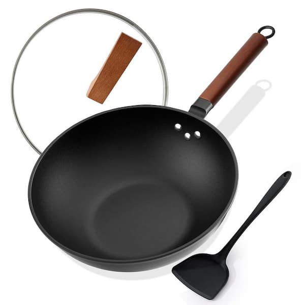 Pre-Seasoned Carbon Steel Wok 13 Inch Flat Bottom Nonstick with Standable Glass Lid Induction Gas Electric Compatible