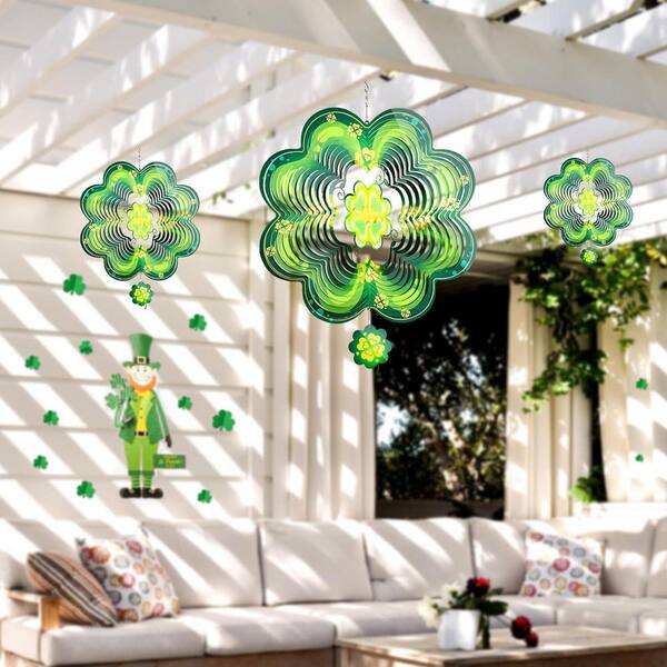 12 in. H Green and Yellow Metal Steel Spring Shamrock Metal Wind