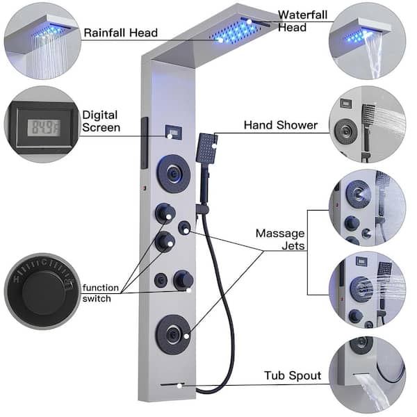 Dual 5-in-1, 4-Jet Shower Panel Tower System with Rainfall Waterfall Shower Head, and Massage Body Jets in Black Nickel