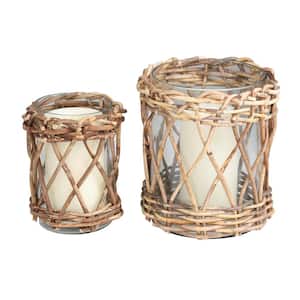 Clear Glass Handmade Candle Holder with Brown Rattan Woven Exterior (Set of 2)