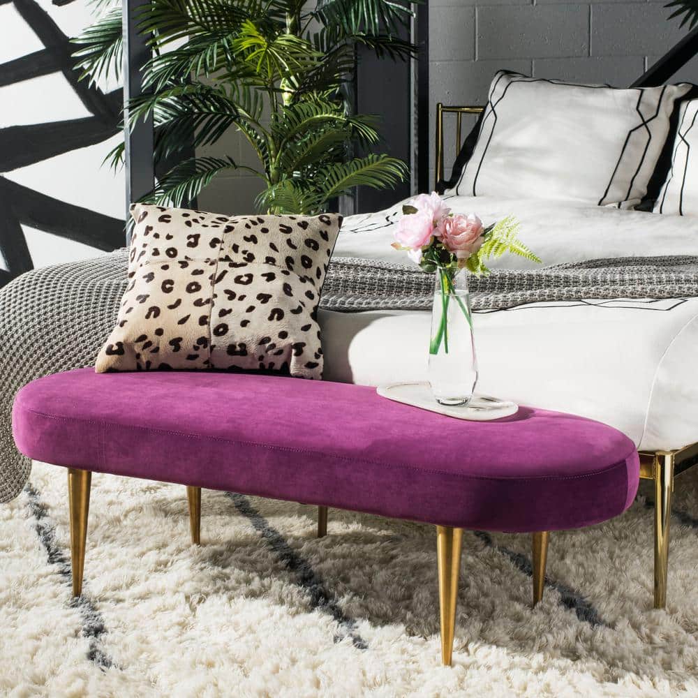 Transitional Plum Velvet Oval Bench with Retro Gold Legs