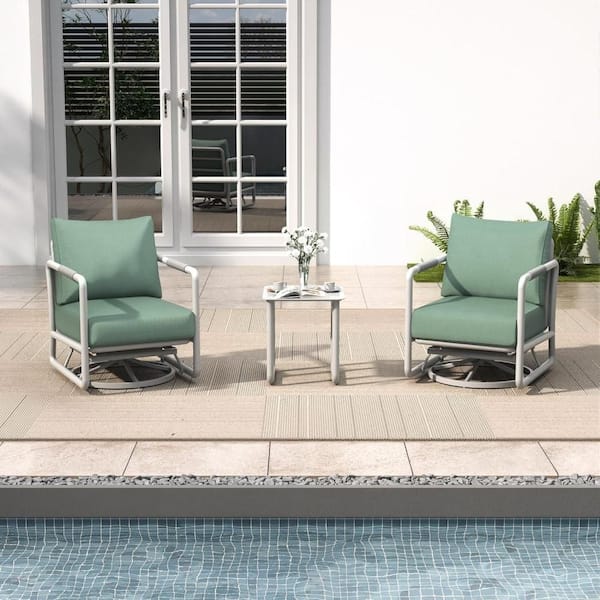 3 Piece Round Tubular Frame Patio Outdoor Aluminum Swivel Rocking Chair with Coffee Table, White