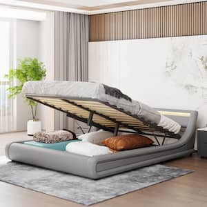 65.7 in. W Gray Queen Size Leather Wood and Metal Frame Platform Bed with a Hydraulic Storage System and LED Light