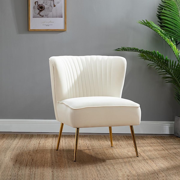 JAYDEN CREATION Monica Modern Ivory Velvet Comfy Living Room Side Chair with Golden Metal Legs