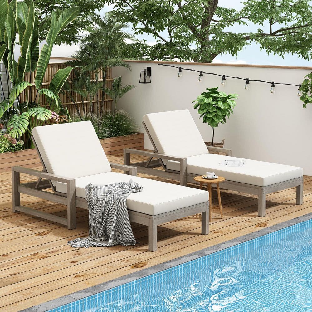 5-Position Outdoor Lounge Chairs Set of 2 with Gray Cushion and Adjustable 
