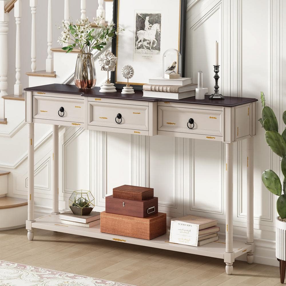 51.57 in. Beige Rectangle Shape Solid Wood Console Table with Projecting Drawers and Long Shelf -  Polibi, RS-BSWRCTP-BPJ