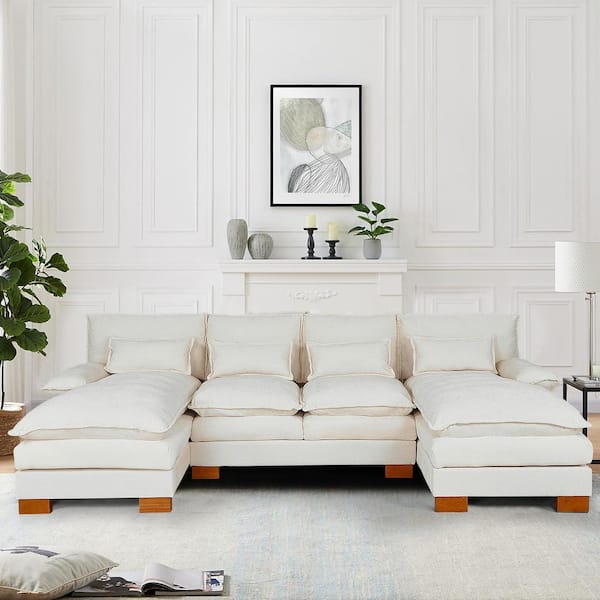 WONDER COMFORT Luxurious 112.6'' Pillows Armrests 3-Piece U-Shaped Chenille Modular Sectional Sofa Couch with Chaises in. Beige