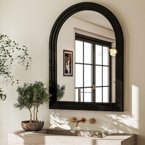 XRAMFY 24 in. W x 36 in. H Arched Classic Black Wooden Framed Bathroom Vanity Mirror Wall Mirror