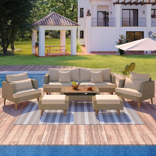 6-Piece Brown All Weather PE Wicker Outdoor Sectional Set with Brown Cushions, Wood Legs Wood Table Top