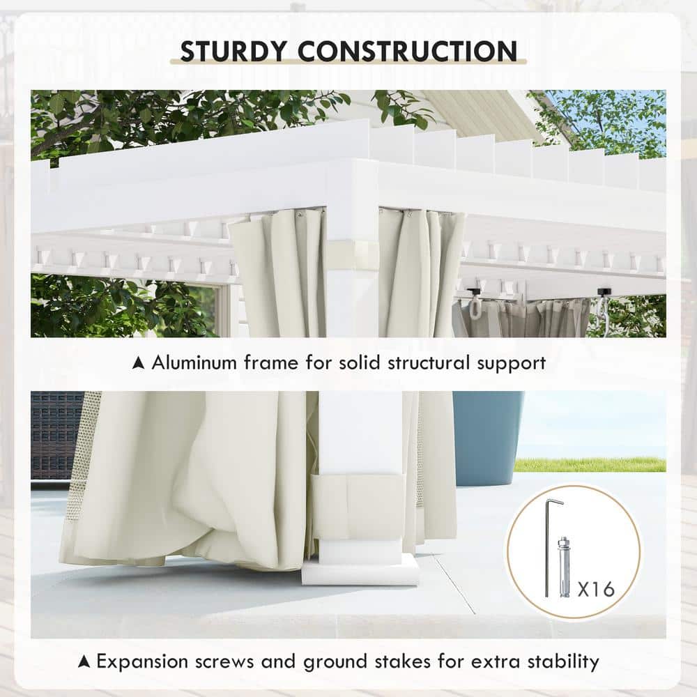 White Aluminum Outdoor Pergola with Adjustable Canopy and Curtains