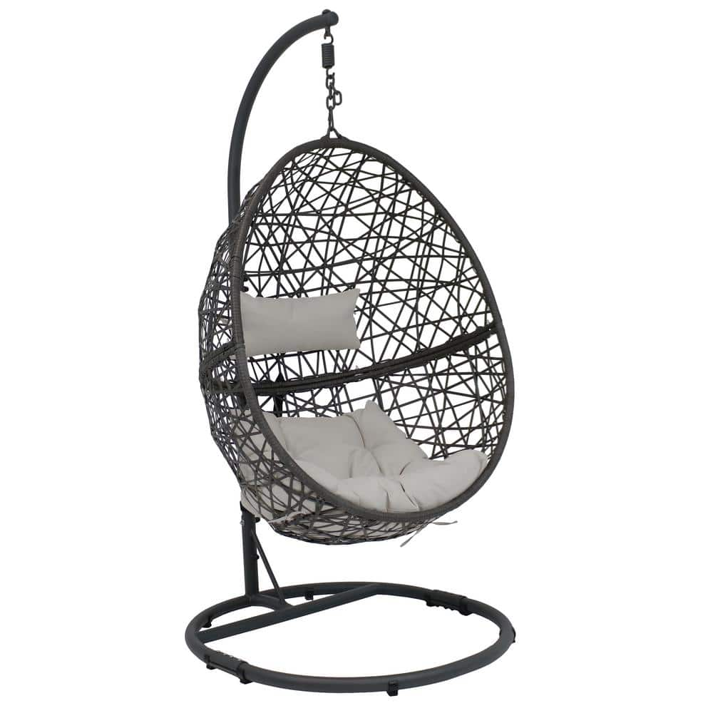 Sunnydaze Caroline Resin Wicker Outdoor Hanging Egg Patio Lounge Chair with Stand and Gray Cushions AJ 758 The Home Depot