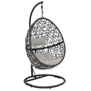 Caroline Resin Wicker Outdoor Hanging Egg Patio Lounge Chair with Stand and Gray Cushions